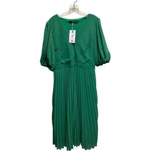 Merokeety Womens Green Pleated Midi Dress With Puff Sleeves XL Polyester Blend